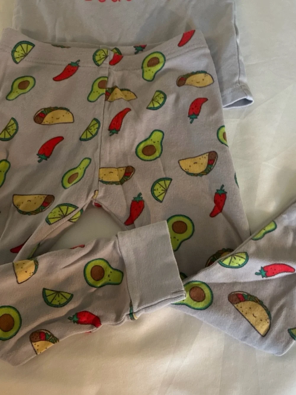Old Navy Light Gray Kids Pajama Set with Red Trim and Taco Print